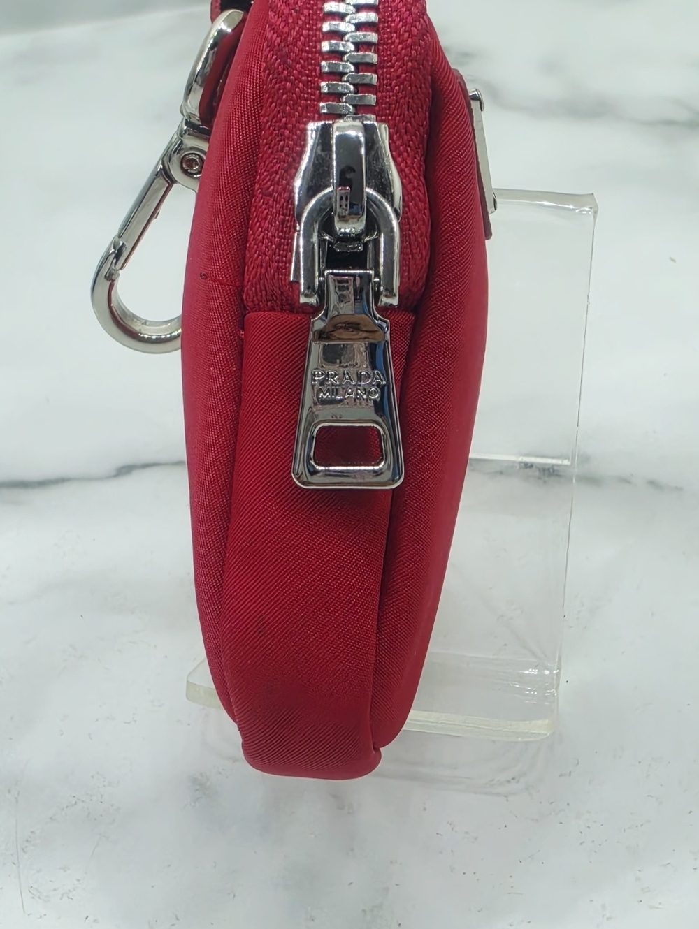 Prada Red Nylon Mini Pouch Keychain Coin Case Small Zip Bag Italy - Picture 10 of 14